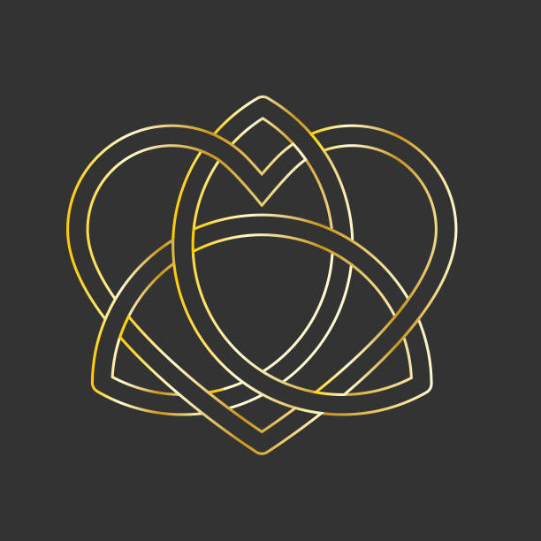 Golden Triquetra cross thin line. Trinity symbol with heart shape. Love forever, wedding or passion concept. Vector illustration on black background Golden Triquetra cross thin line. Trinity symbol with heart shape. Love forever, wedding or passion concept. Vector illustration on black background celtic knot symbol of eternal love stock illustrations