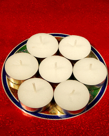 Close-up view of  Indian traditional candle lamps used in home decoration during Hindu diwali or deepavali festival
