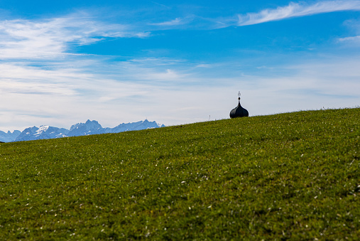 Meadow with church spire and Säntis mountain in background