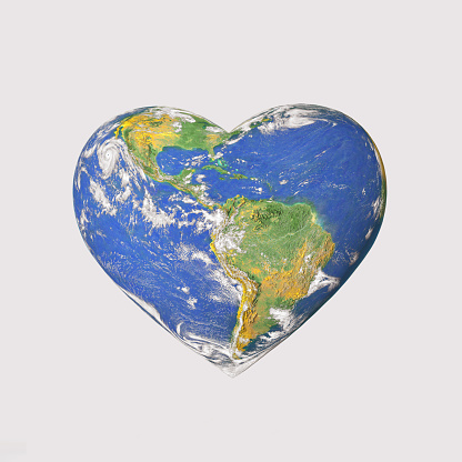 Planet Earth in the shape of heart, isolated pastel white background. Creative aesthetic Earth Day card. Minimal concept of travel, tourism, sustainability, love, ecology. World provided by NASA.: https://earthobservatory.nasa.gov/images/565/earth-the-blue-marble