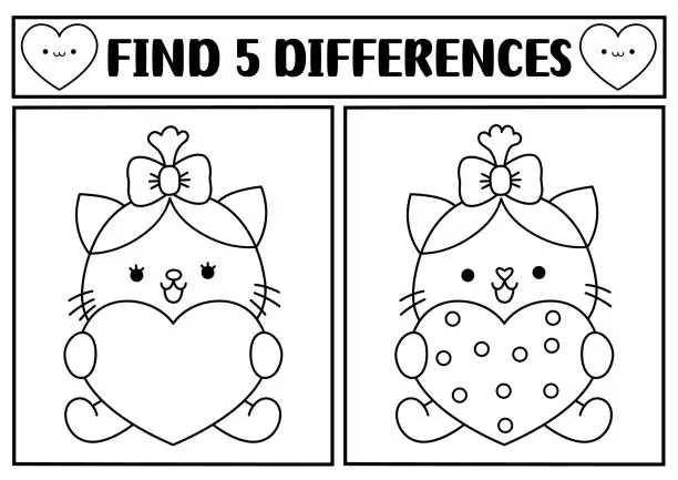 Vector illustration of Saint Valentine kawaii black and white find differences game. Attention skills line activity with cute sitting cat with heart. Love holiday puzzle, coloring page for kids. Printable worksheet