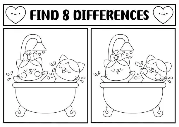 Vector illustration of Saint Valentine kawaii black and white find differences game. Attention skills activity with cat couple taking bath in bathtub. Love holiday puzzle, coloring page for kids. Printable worksheet