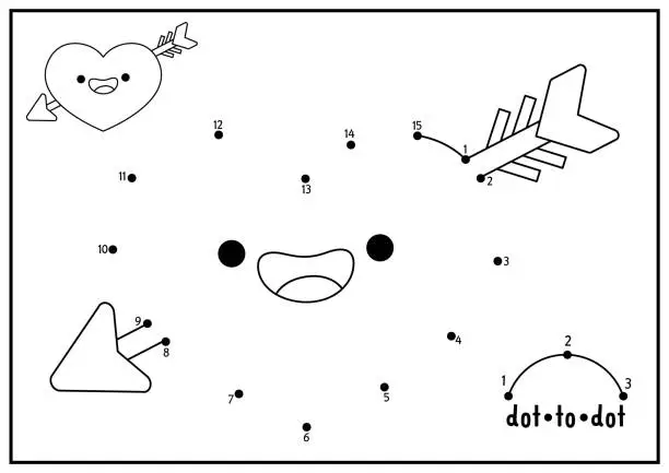 Vector illustration of Vector Saint Valentine dot-to-dot and color activity with cute kawaii heart pierced with arrow. Love holiday connect the dots game with funny character. Coloring page for kids. Printable worksheet