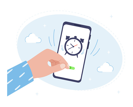 Alarm clock application for a mobile phone. Setting the wake-up time. Snooze the alarm on your smartphone. Vector illustration