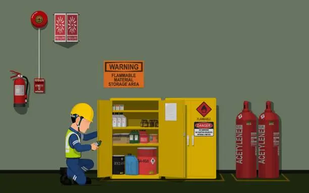 Vector illustration of Worker is working in the flammable material storage area