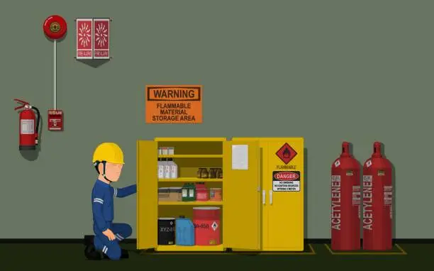 Vector illustration of Worker is working in the flammable material storage area