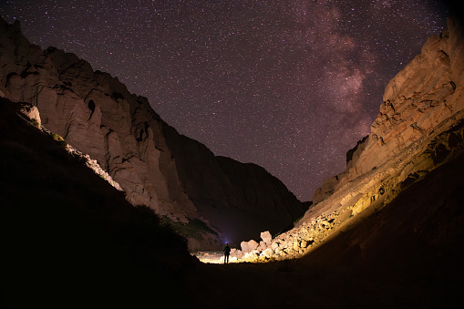 Silhouette of hiker standing against night sky, milky way and canyon