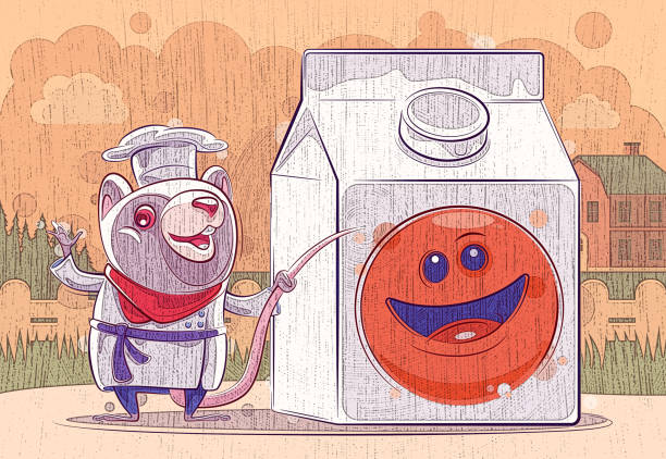 ilustrações de stock, clip art, desenhos animados e ícones de chef mouse presenting with smiley drink carton box - cartoon chef mouse rat