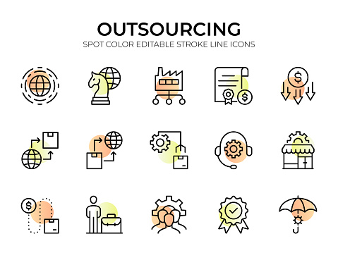 These meticulously crafted icons represent various aspects of outsourcing, showcasing its benefits and processes. This Outsourcing Line Icon Set includes icons such as 'Remote Work,' 'Offshoring,' 'Outsourced Services,' and more. Editable stroke for customization.