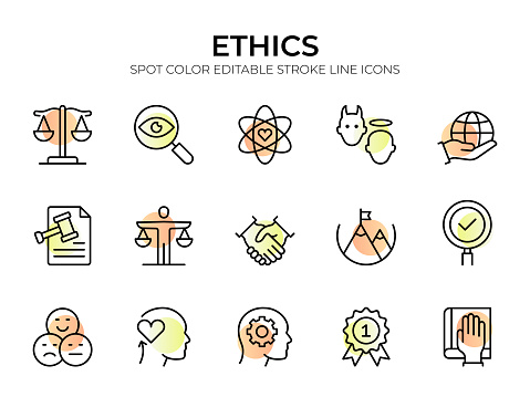 Business Ethics Line Icon Set features essential icons like 'Integrity,' 'Responsibility,' 'Fair Trade,' 'Accountability,' and 'Transparency.' Editable stroke for easy customization.