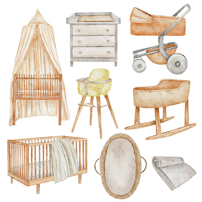 Watercolor baby furniture for the nursery. Cradle, canopy, baby bed, changing table, high chair, crib. Children's room interior