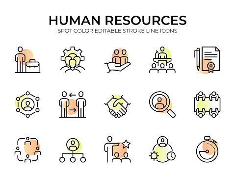 Human Resources Line Icon Set includes essential icons like 'Resume,' 'Job Interview,' 'Training,' 'Employee Benefits,' and 'Team Building.' Editable stroke for easy customization.