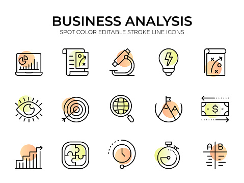 Business Analysis line icon set has been designed to represent key elements of data analysis, financial evaluation, and business intelligence, this collection showcases a variety of icons that capture the essence of analytical processes. Each meticulously crafted icon symbolizes concepts such as data visualization, performance metrics, market research, trend analysis, and more.