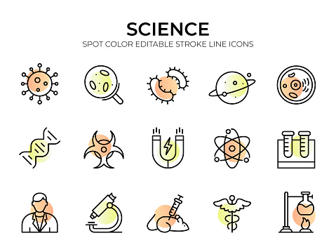 Science Line Icon Set includes essential icons like 'Microscope,' 'Atom,' 'Test Tube,' 'DNA Helix,' and 'Lab Flask.' Editable stroke for easy customization.