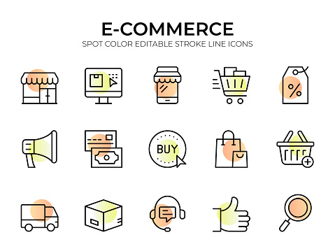 These icons cover various aspects of the shopping experience, including online shopping, payment methods, shopping carts, delivery, customer support, discounts, and more. Whether you're designing a website, app, or promotional material for an online store or retail business, these icons will add a touch of professionalism and clarity to your visuals.