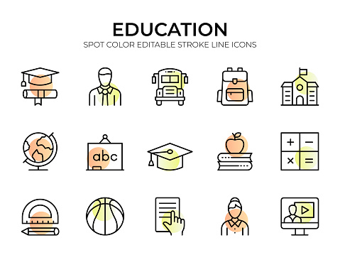 Education Line Icon Set includes essential icons like 'Book,' 'Graduation Cap,' 'School Building,' 'Pencil,' and 'Apple.' Editable stroke for easy customization.