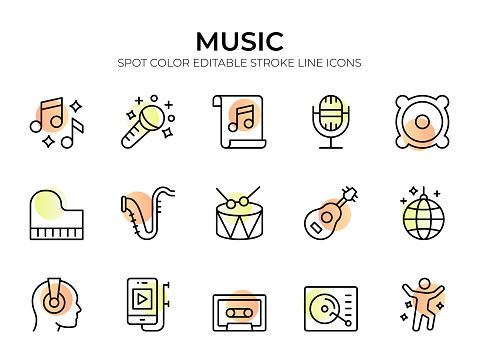 From musical instruments like guitars, pianos, and drums, to audio equipment like headphones, speakers, and microphones, this collection covers a wide range of musical elements. Explore icons representing different music genres, notation symbols, sound recording, and editing tools, and more.