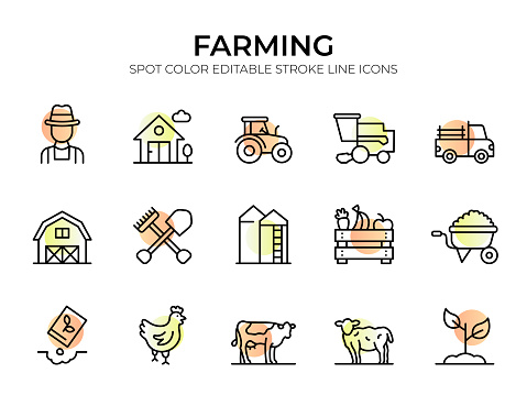 Farming & Agriculture line icon set. Designed to represent key elements of agriculture and rural life, this collection showcases a variety of icons that capture the spirit of farming, crops, livestock, and more. Each meticulously crafted icon symbolizes concepts such as tractors, barns, fruits, vegetables, and agricultural tools.
