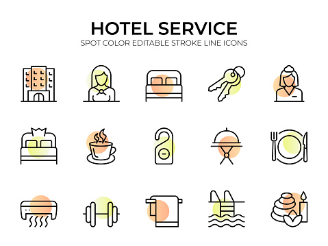 Hotel Service line icon set. Designed to capture the essence of comfort, convenience, and luxury, this collection features meticulously crafted icons that represent various hotel services and amenities. From icons representing accommodation options like rooms and suites to symbols for dining, concierge services, spa, fitness center, and more, these icons are perfect for projects related to hotels, resorts, travel, and tourism.