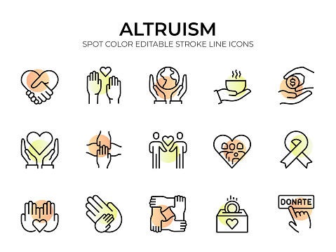 This collection brings attention to various aspects of altruistic endeavors. Each meticulously crafted icon symbolizes concepts like philanthropy, volunteerism, charity, empathy, and more. Whether you're working on projects related to humanitarian causes, community engagement, or social responsibility, these icons will add a touch of warmth and positivity.