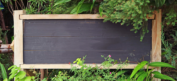 Blank wooden board in a beautiful garden