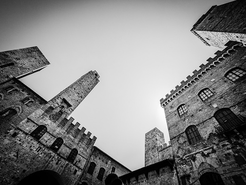 Wide angle sky view at the Piazza del Duomo in San Gimignano, Italy