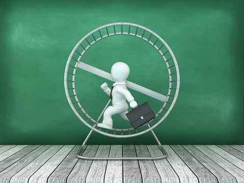 Exercise Hamster Cage Wheel with Business Character - Chalkboard Background - 3D Rendering