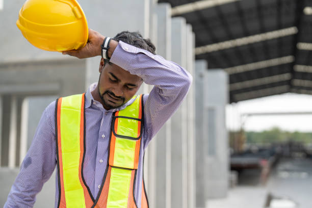 istock Asian Indian civil engineer feel tired and so hot while working outside at factory making precast concrete walls for real estate. 1911754998