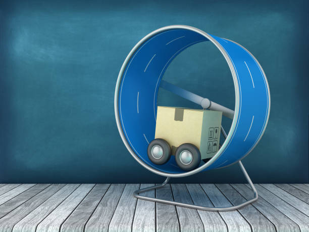 Exercise Hamster Cage Wheel with Road and Cardboard Box - Chalkboard Background - 3D Rendering