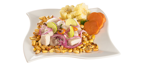 Ceviche, Peruvian food, food sample, white background