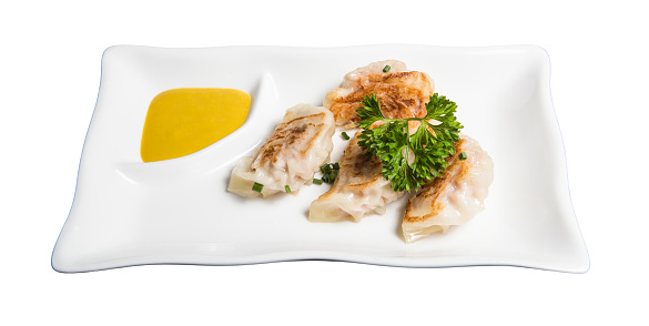 Gyoza, Chinese food, Asian food in a plate, white background