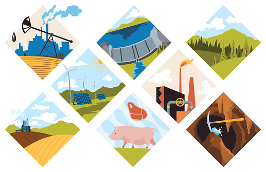 Collection of natural resources design. Vector illustration of types national treasure oil, gas, damond, ground, coal and sand, wood, pet animal, water, alternative technology.