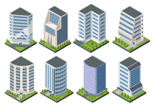 Vector illustration of Collection isometric offices or business center icons. Town apartment building city map creation. Architectural vector 3d illustrations. Infographic elements. City house compositions