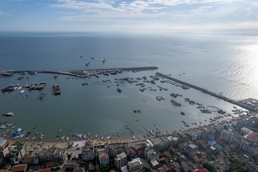 Bird's-eye view of traditional fishing village and fishing port