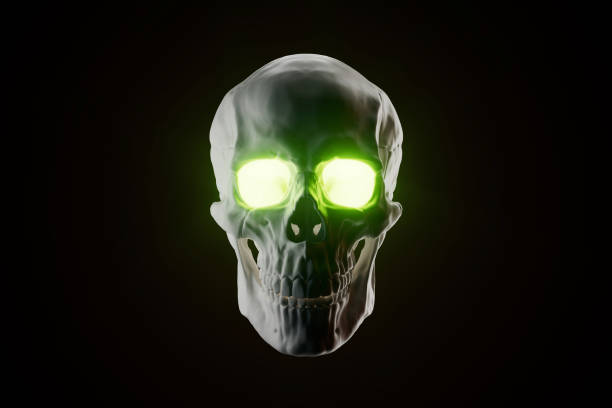 human skull with glowing eyes on a black background. 3d render. illustration.