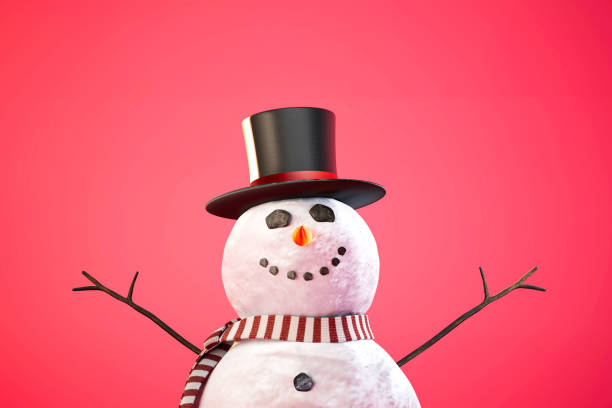 smiling snowman in hat and scarf on red background. 3d render. illustration.
