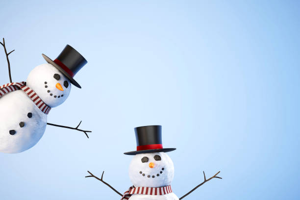 istock smiling snowmans in hat and scarf on blue background. 3d render. illustration 1911779702