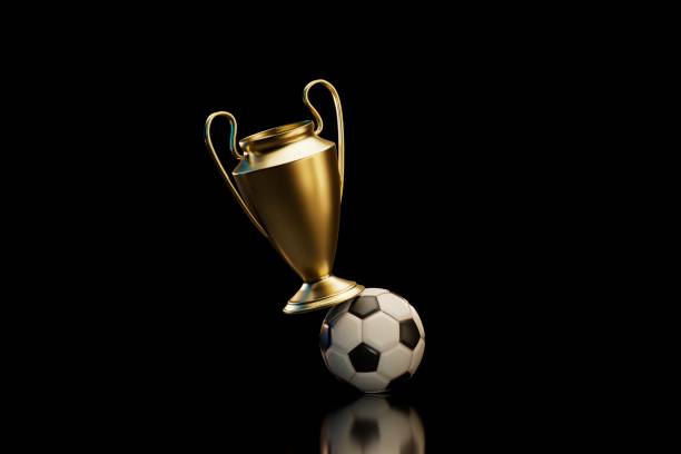 golden cup and soccer ball on black background. 3d render. illustration.