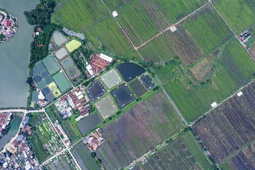 Bird's-eye view of farmland and buildings in the urban-rural fringe area
