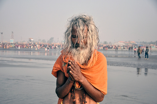 South 24 parganas, West Bengal. An Indian monk praying to Sun as God in the morning after taken a Holi dip into the Ganga at Gangasagar religious festival.