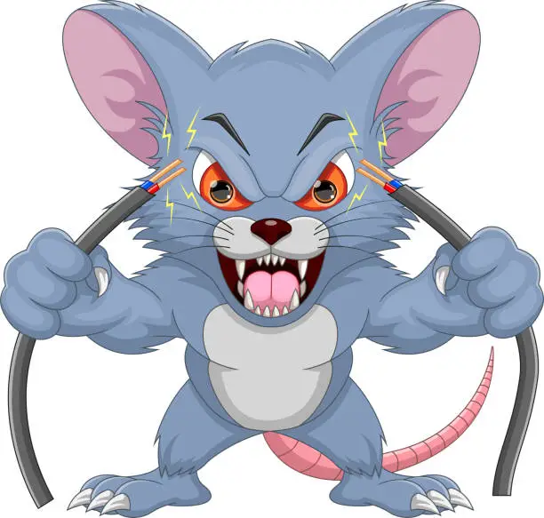 Vector illustration of Angry mouse cut the power cable cartoon