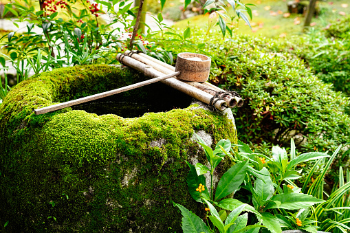 Tsukubai is One of the most iconic elements in Japanese traditional garden, placed to wash the hands before entering a tea ceremony room