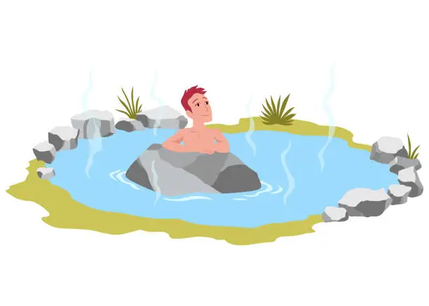 Vector illustration of Hot springs pool. People enjoying thermal spa water in winter, flat vector illustration. Mountain onsen, japanese natural hot springs resort. Relax, recreation