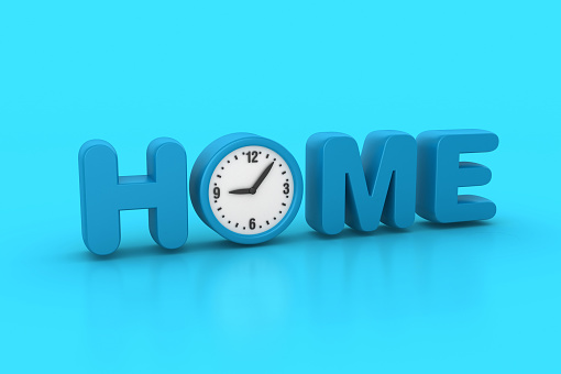 3D Word HOME with Clock - Color Background - 3D Rendering