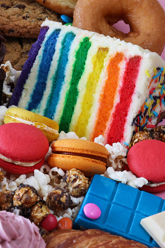 Stock photo showing close-up image of a variety of sweet junk food items including glazed ring doughnuts, popcorn, rainbow cake slice, cupcakes with butter icing, chocolate bar, chocolate chip cookies, Smarties candy coated chocolate sweets, macarons. Unhealthy eating concept.