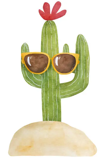 Vector illustration of Hand-Drawn Vector Image Of A Cheerful Cactus In Sunglasses, A Watercolor Illustration On A Vacation Theme