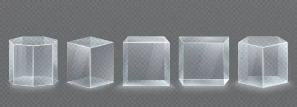 Vector illustration of Glass transparent showcase podium for product demonstration. Empty square, cylindrical pedestal for goods.