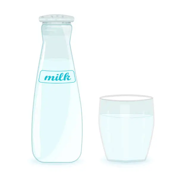 Vector illustration of Glass bottle and mug with milk isolated on white background. Milk bottle and glass.