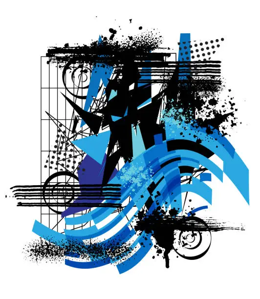 Vector illustration of Blue geometric abstract art with grunge graffiti spray paint particles. Business and technology concepts design.