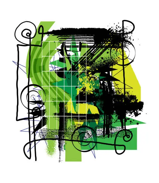 Vector illustration of Green geometric shards abstract art with grunge graffiti spray paint particles, grids and striped lines, paintbrush, ink stain and smudge. Business and technology concepts design.